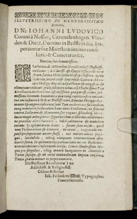 Illustrissimo ... Dn. Iohanni Ludovico Comiti a Nassau ...