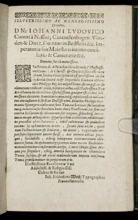 Illustrissimo ... Dn. Iohanni Ludovico Comiti a Nassau ...