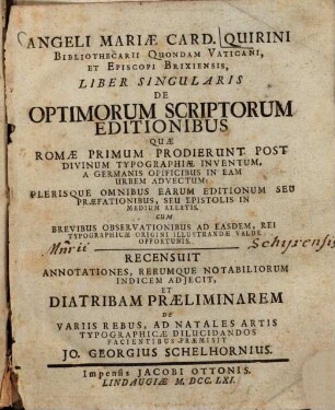 Liber singularis de optimorum scriptorum editionibus quae Romae primum prodierunt