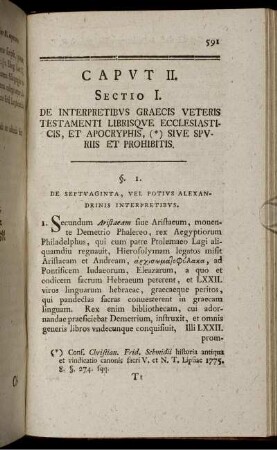 Caput II. Sectio I. De Interpretibus Graecis Veteris Testamenti Librisque Ecclesiasticis, Et Apocryphis, (*) Sive Spuriis Et Prohibitis.
