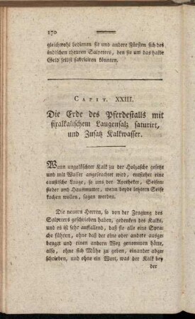 Capit. XXIII. Die Erde des Pferdestalls mit fixalkalischem Laugensalz saturirt, und Zusatz Kalkwasser.
