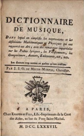 Dictionnaire de musique : dans lequel on simplifie les expressions et les définitions mathématiques et physiques ...
