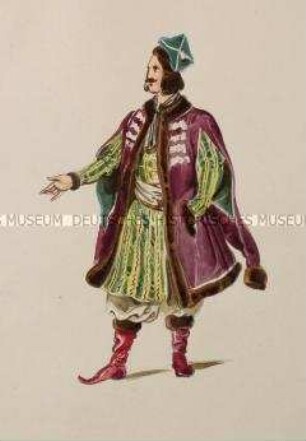 Mann im grün-gelb gestreiften Kleid mit dunkelrotem Übergewand - Tafel aus Franceschini/Kostümbilder (Kassette 1)