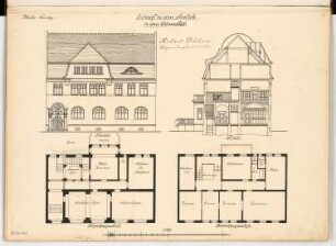 Apotheke in einer Kleinstadt Monatskonkurrenz Dezember 1904: Grundriss Erdgeschoss, Obergeschoss, Aufriss Straßenansicht, Querschnitt 1:100; Maßstabsleiste