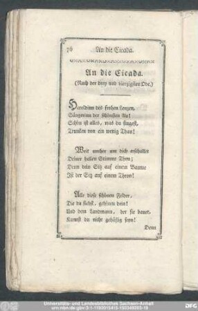 An die Cicada. (Nach der drey und vierzigsten Ode.)