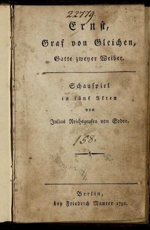 Ernst, Graf von Gleichen, Gatte zweyer Weiber : Schauspiel in fünf Akten