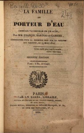 La famille du porteur d'eau : Comédie-vaudeville en un acte