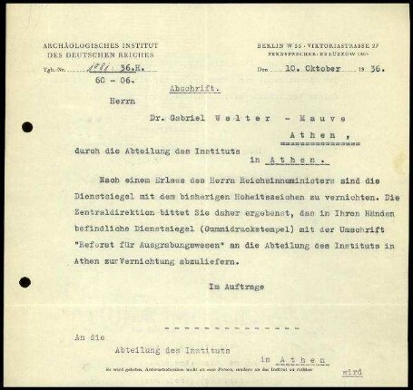 M. Wegner an DAI Athen