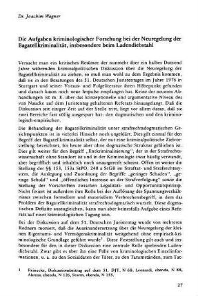 27-50, Die Aufgaben kriminologischer Forschung bei der Neuregelung der Bagatellkriminalität, insbesondere des Ladendiebstahls
