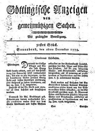 50stes Stück. Sonnabend, den 16ten December 1775.