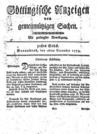 50stes Stück. Sonnabend, den 16ten December 1775.