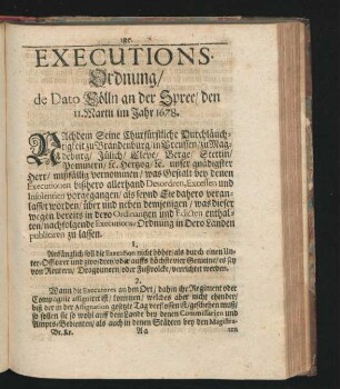 Executions-Ordnung/ de Dato Cölln an der Spree/ den 11. Martii im Jahr 1678.
