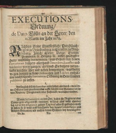 Executions-Ordnung/ de Dato Cölln an der Spree/ den 11. Martii im Jahr 1678.