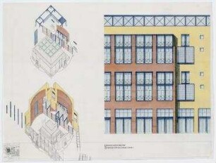 Bauwettbewerb Amerika-Gedenkbibliothek/Berliner Zentralbibliothek, AGB, 1. Phase (nicht realisiert) – Eingangsbereich: Isometrische Projektion, Loggia: Typische Detailansicht. Berlin-Kreuzberg, Blücherplatz 1