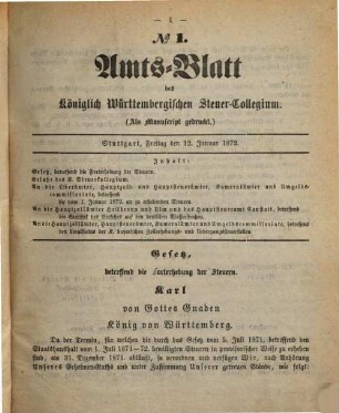 Amtsblatt des Württembergischen Steuerkollegiums. 1872