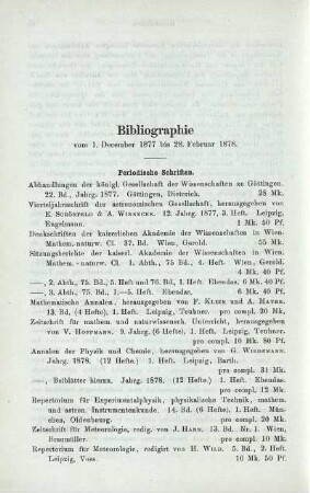 Bibliographie vom 1. December 1877 bis 28 Februar 1878.