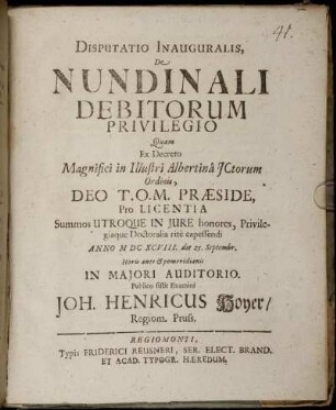 Disputatio Inauguralis, De Nundinali Debitorum Privilegio