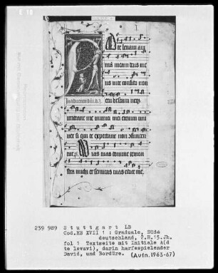 Graduale — Initiale A(d te levavi), darin harfenspielender David, und Bordüre, Folio 1recto