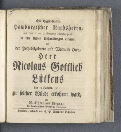 Die Eigenschaften Hamburgischer Rathsherrn (...) in vier kleinen Abhandlungen erkläret (...)