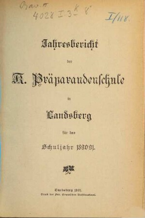 Jahresbericht der Präparandenschule Landsberg a. Lech. 1890/91