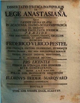 Diss. iur. inaug. de lege Anastasiana