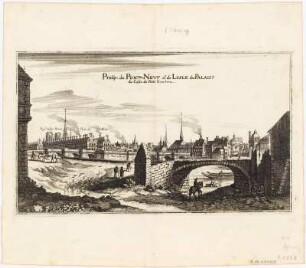 Ansicht von Paris, Pont Neuf mit Île de la Cité, Kupferstich, um 1655 : Prosp. du Pont-Neuf et de L'Isle du Palais du Costé du Petit Bourbon. - [Frankfurt] : [Caspar Merian] , [um 1655]. - 1 Kunstbl. : Kupferstich ; 34 x 20 cm