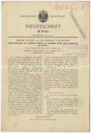 Patentschrift eines Kolbenwassermessers mit entlastetem Schieber und beweglicher Brücke behufs Umsteuerung des letzteren, Patent-Nr. 30182
