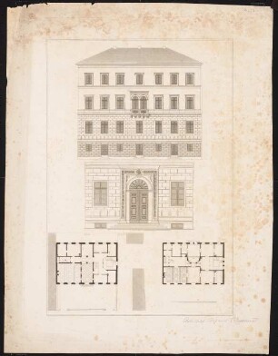 Viergeschossiges städtisches Wohnhaus mit siebenachsiger Straßenfront: Vorderansicht, Grundriss Erd- und Obergeschoss