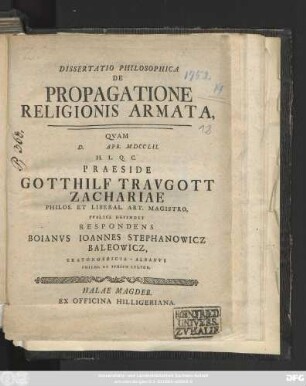 Dissertatio Philosophica De Propagatione Religionis Armata