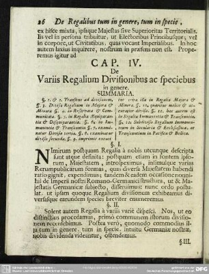 Cap. IV. De Variis Regalium Divisionibus ac speciebus in genere