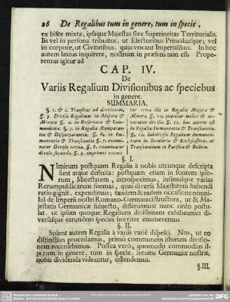 Cap. IV. De Variis Regalium Divisionibus ac speciebus in genere