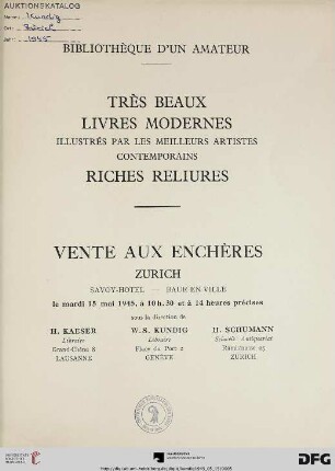 Bibliothèque d'un amateur : très beaux livres modernes illustrés par les meilleurs artistes contemporains ; riches reliures ; vente aux enchères 15 mai 1945 (Katalog Nr. 77)