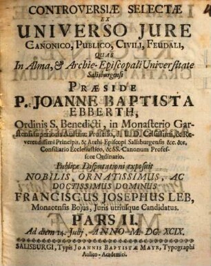Controversiae Selectae Ex Universo Jvre Canonico, Publico, Civili, Feudali, 2