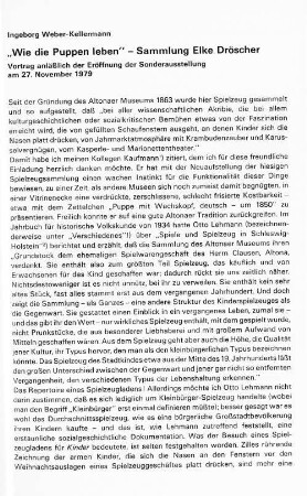 "Wie die Puppen leben" - Sammlung Elke Dröscher : Vortrag anläßlich der Eröffnung der Sonderausstellung am 27. November 1979