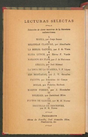 Lecturas selectas : Selección de obras maestras de la literatura sudamericana.