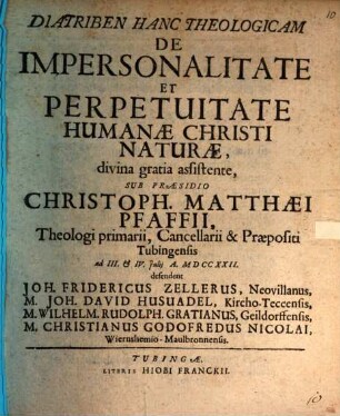 Diatriben Hanc Theologicam De Impersonalitate Et Perpetuitate Humanae Christi Naturae