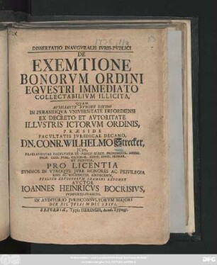 Dissertatio Inavgvralis Ivris Pvblici De Exemtione Bonorvm Ordini Eqvestri Immediato Collectabilivm Illicita