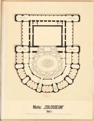 Opernhaus am Lützowplatz, Berlin Schinkelwettbewerb 1883: Grundriss 3. Obergeschoss (ohne Seitenflügel)