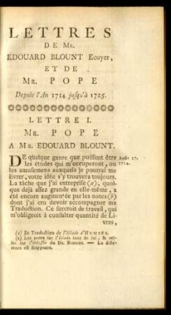 Lettres de Mr. Edouard blount Ecuyer, Et de Mr. Pope Depuis l'An 1714 jusqu'à 1725.
