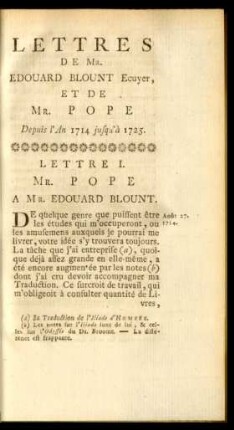 Lettres de Mr. Edouard blount Ecuyer, Et de Mr. Pope Depuis l'An 1714 jusqu'à 1725.