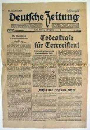 Konservative Tageszeitung "Deutsche Zeitung" zu neuen Notverordnungen gegen Widerstandsaktionen der Kommunisten gegen die NS-Regierung