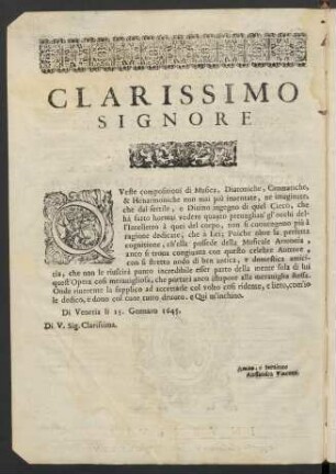 [Widmung an] Clarissimo Signore