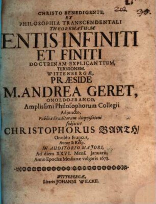 Ex philosophia transcendentali theorematum, entis infiniti et finiti doctrinam explicantium ternionem