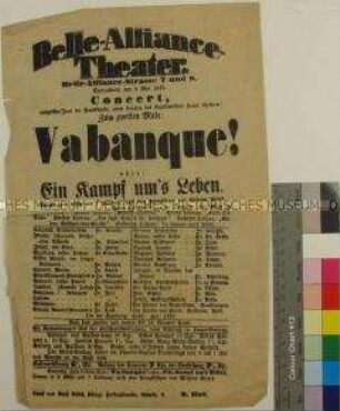 Theaterzettel des Belle-Alliance-Theaters Berlin für eine Aufführung des Dramas "Vabanque" am 3. Mai 1873