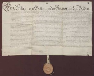 Revers des Markgrafen Wilhelm von Baden-Baden gegen den Abt Placidus, auch Prior und Convent, wegen Erfüllung des Bannwaldes bei Stollhofen