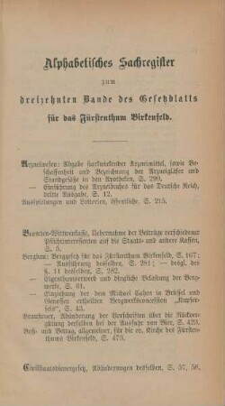 Alphabetisches Sachregister zum dreizehnten Bande des Gesetzblatts für das Fürstenthum Birkenfeld