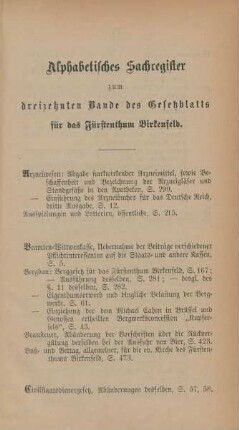 Alphabetisches Sachregister zum dreizehnten Bande des Gesetzblatts für das Fürstenthum Birkenfeld