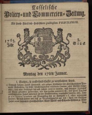3. Stueck, Montag den 17ten Januar 1763