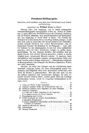Pestalozzi-Bibliographie : Schriften und Aufsätze von und über Pestalozzi nach Inhalt und Zeitfolge
