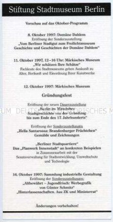 Programmblatt der Stiftung Stadtmuseum Berlin für Oktober